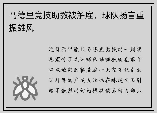 马德里竞技助教被解雇，球队扬言重振雄风